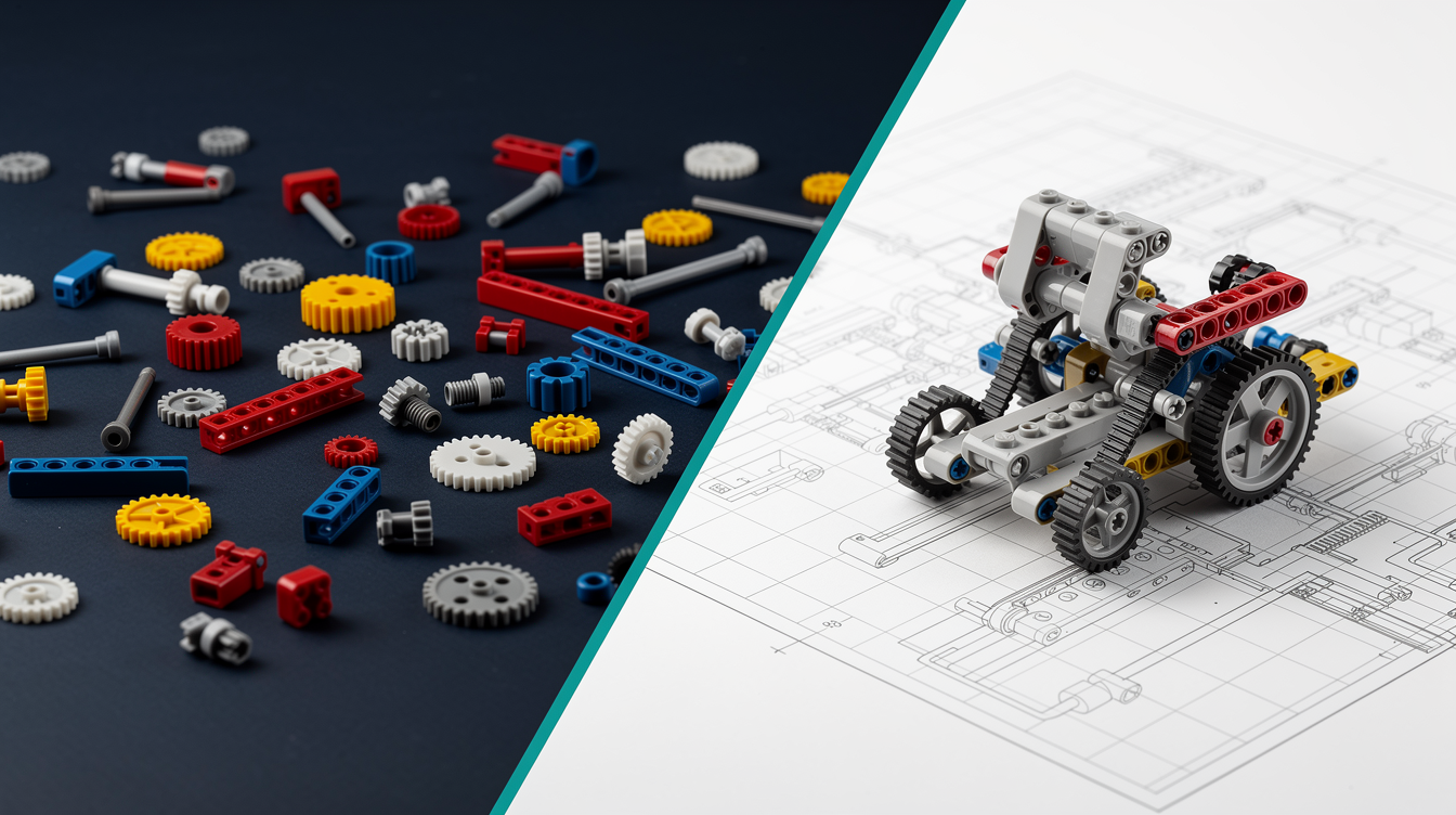 Pièces Lego Technic éparses à gauche, modèle assemblé sur un plan technique à droite — la méthode transforme les briques en système